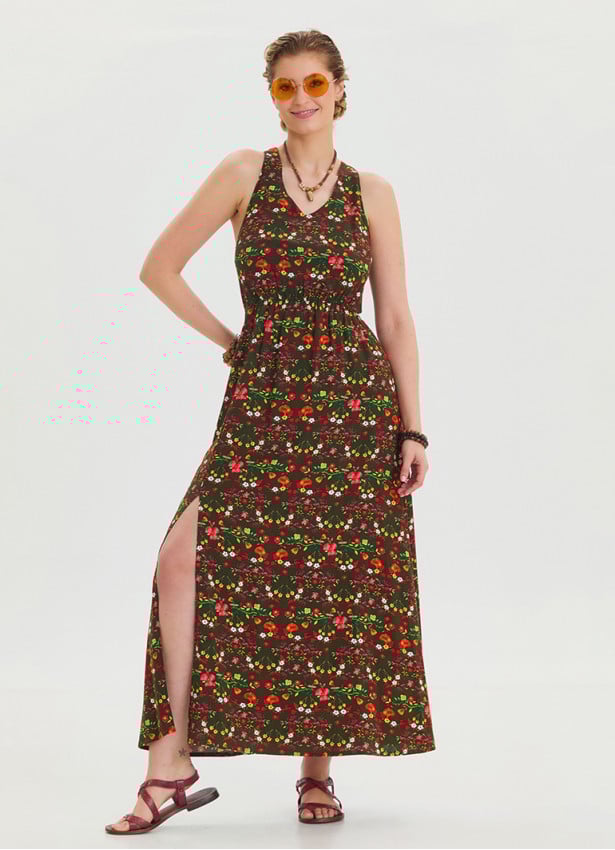 V Neck Slit Green Floral Dress 4643